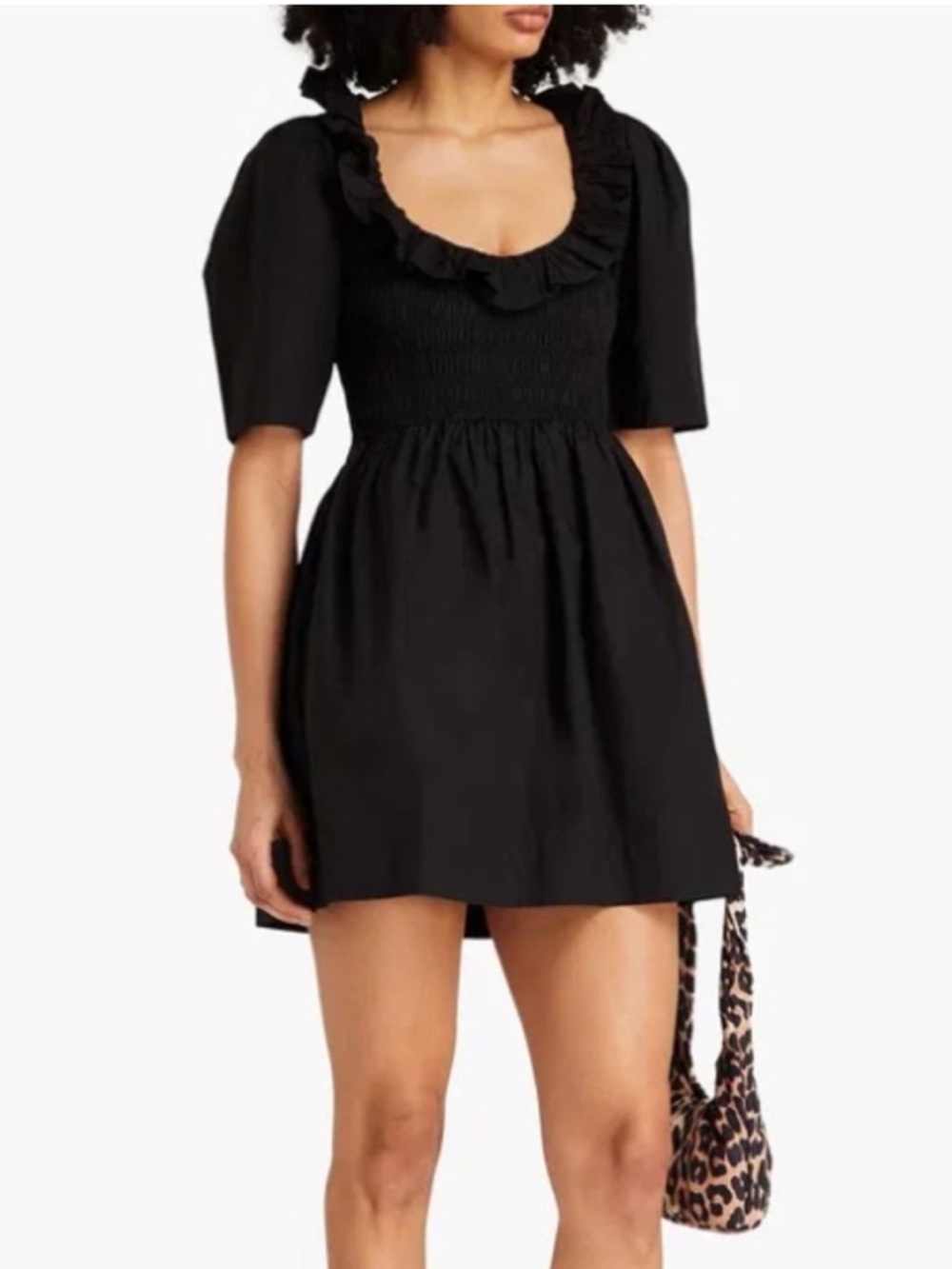 Ganni Black Ruffle V Scoop Neck Smocked Mini Dress